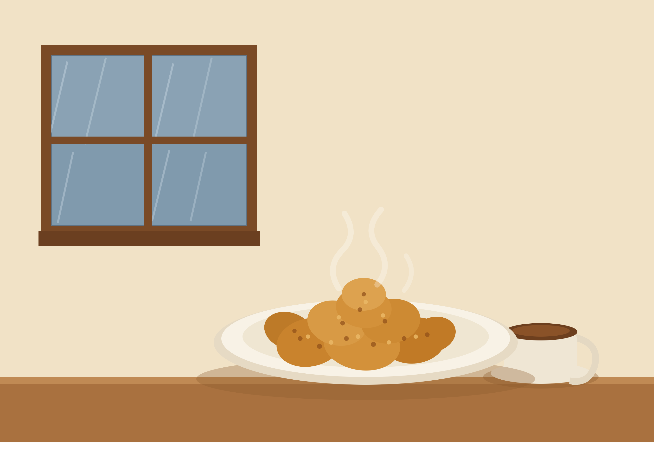 Hot pakodas on a plate by a rain-streaked window, warm inside against the grey afternoon.